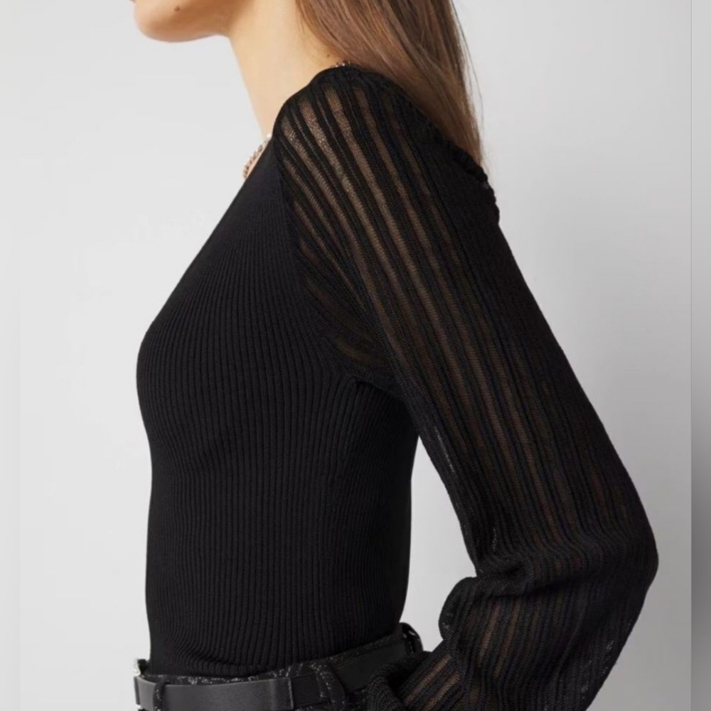 WHBM Elegant Black Ribbed Knit Vneck‎ Sheer Sleeve Pullover Sweater Top